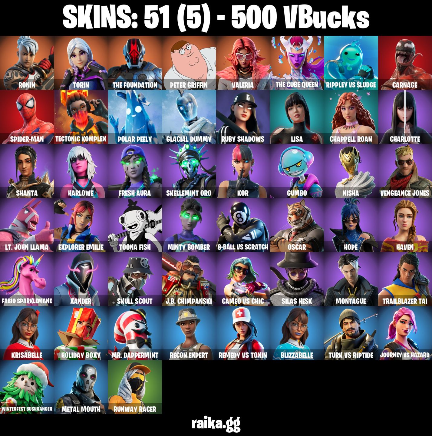 51 Skins - Carnage, Spider man, Peter Griffin, 500 vbucks