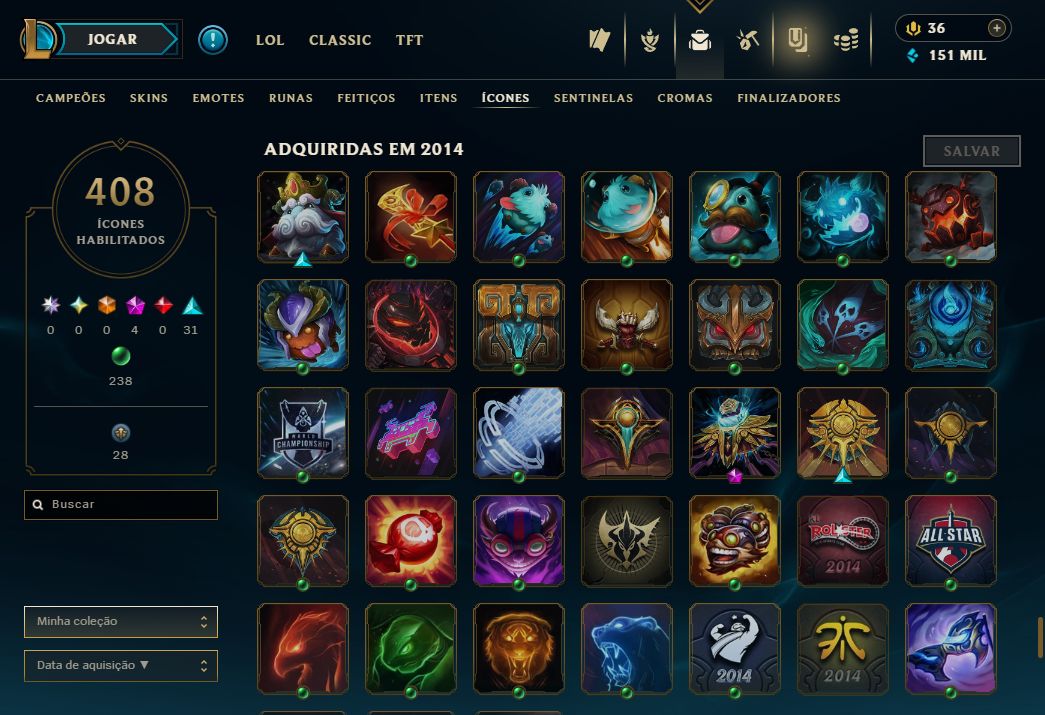 Conta Lol de 2014 / 874 Skins / Nivel 448 / 408 Icones