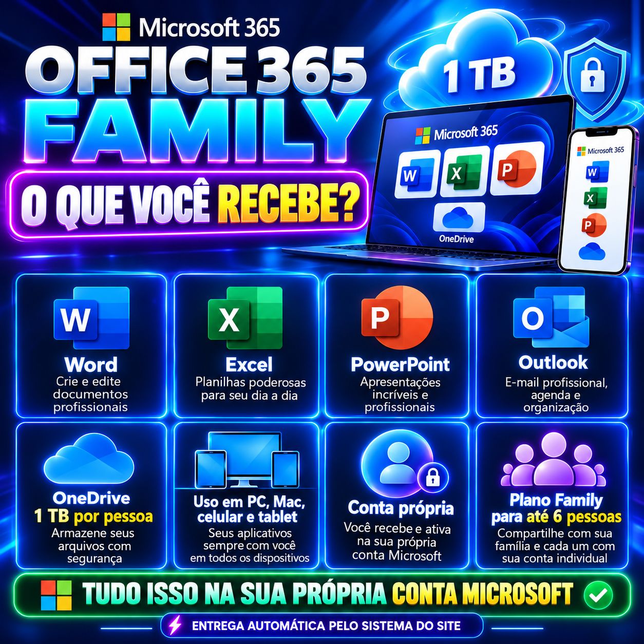 Office 365 | 1TB OneDrive | Word, Excel, PowerPoint | NA SUA CONTA! 30 DIAS