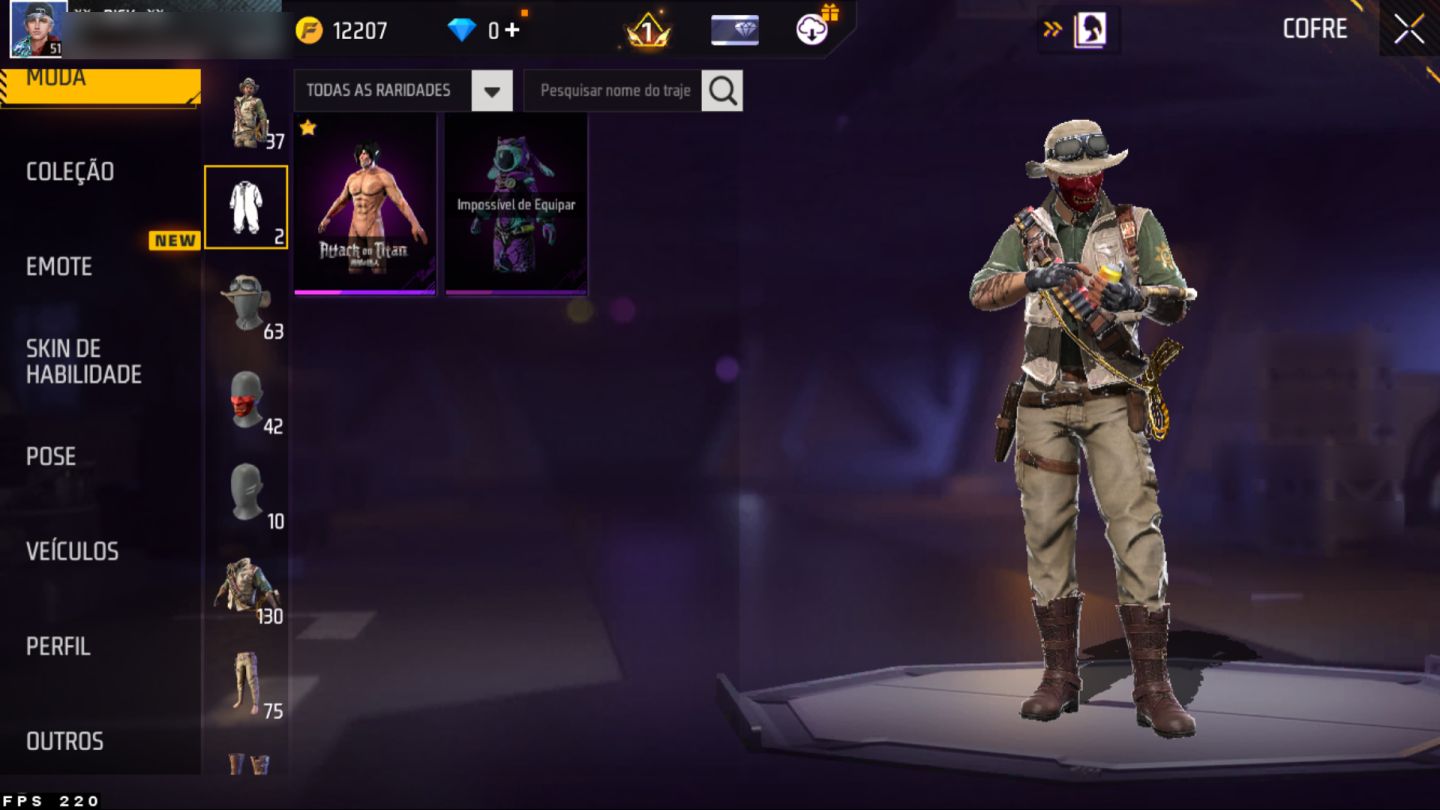 Conta Free Fire nível 51, várias skins de armas, paredes de gel e diversos itens