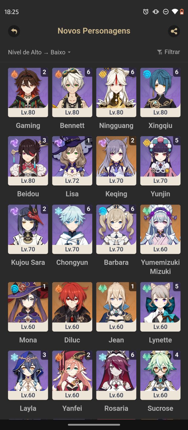 Conta de genshin impact com vários personagens 5 estrelas