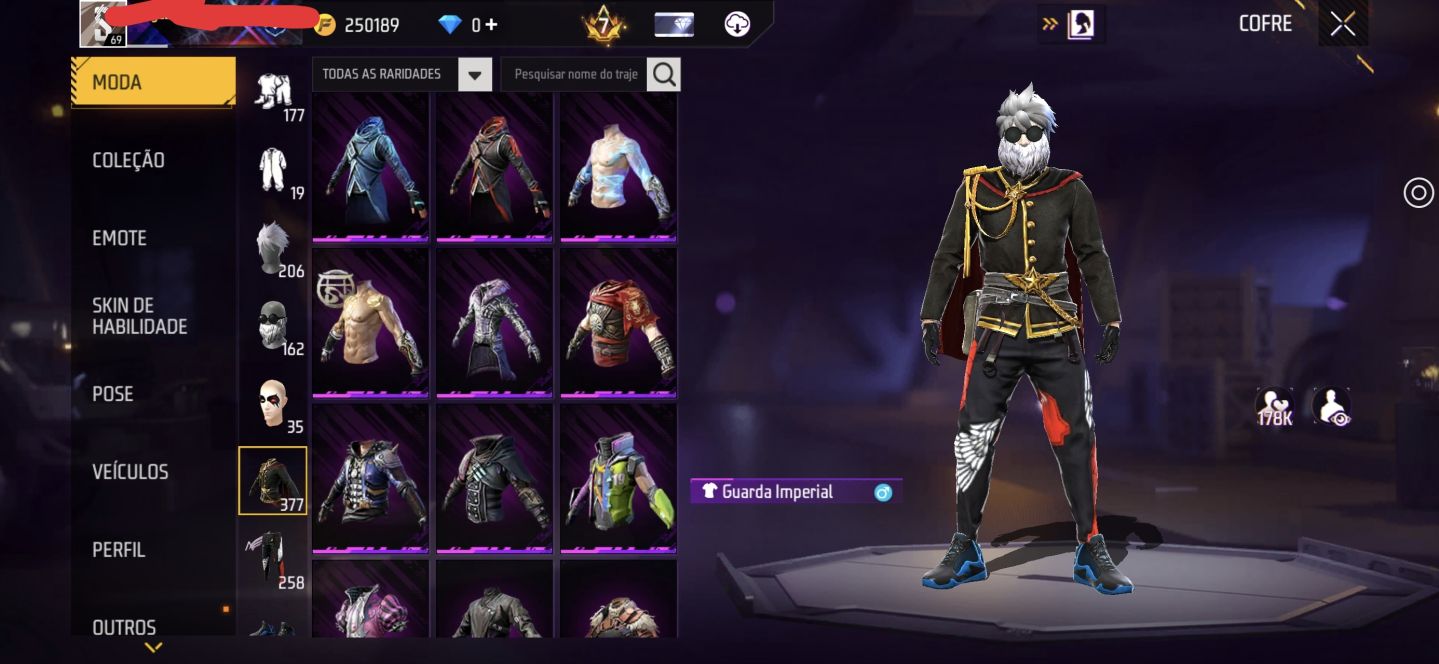 Conta de FF, prime 7, Level 69, muitos itens raros.