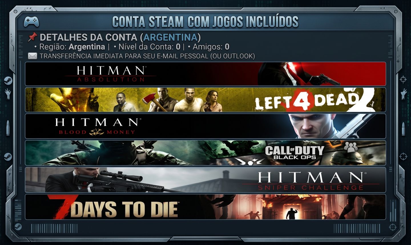 CONTA STEAM FULL ACESSO - PARA SEU E-MAIL - 6 JOGOS | 7 DAYS TO DIE | BLACK OPS