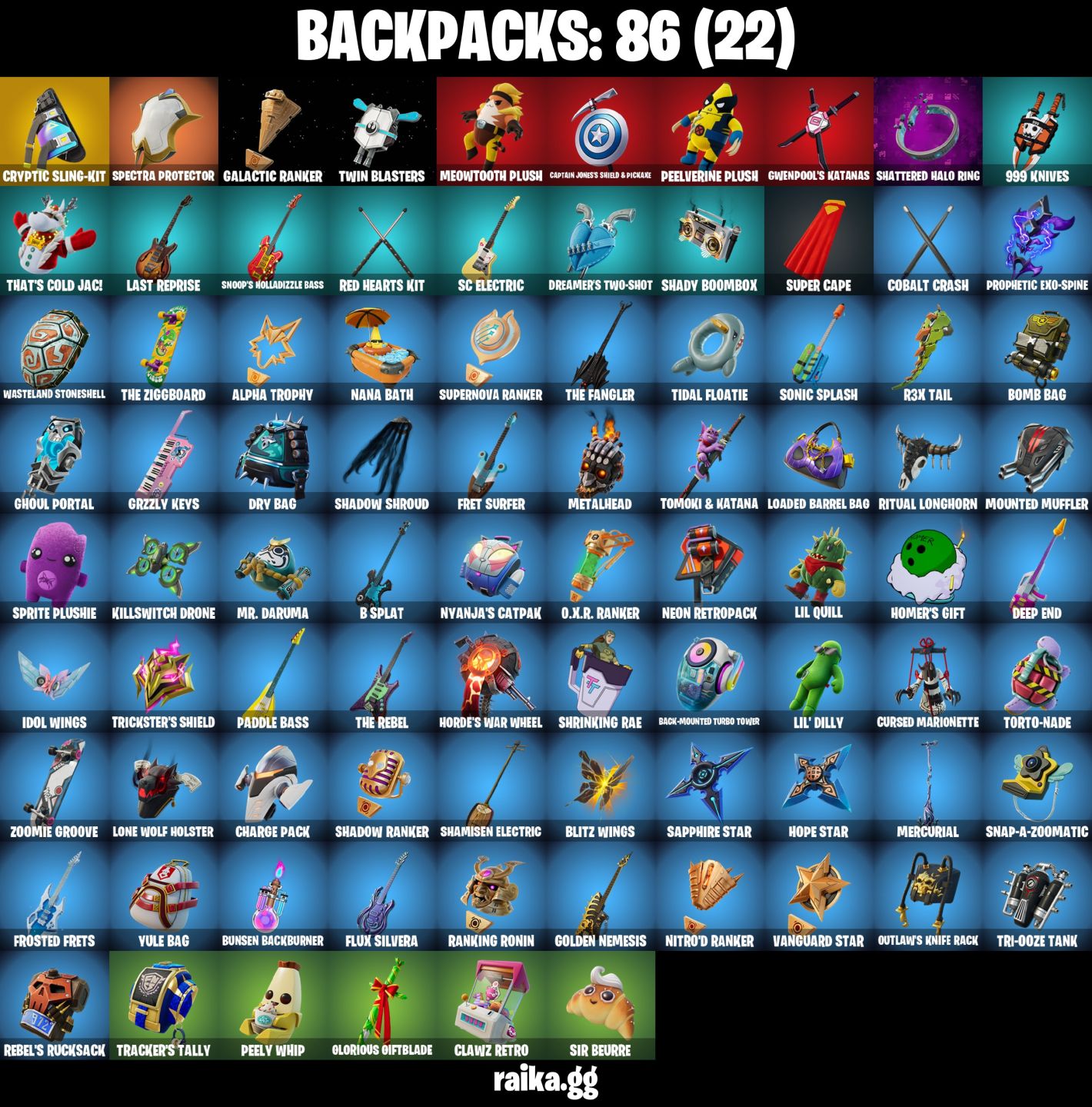 26 Skins - subzero cryptic, cobalt snowfoot, santa dogg, 450 vbucks