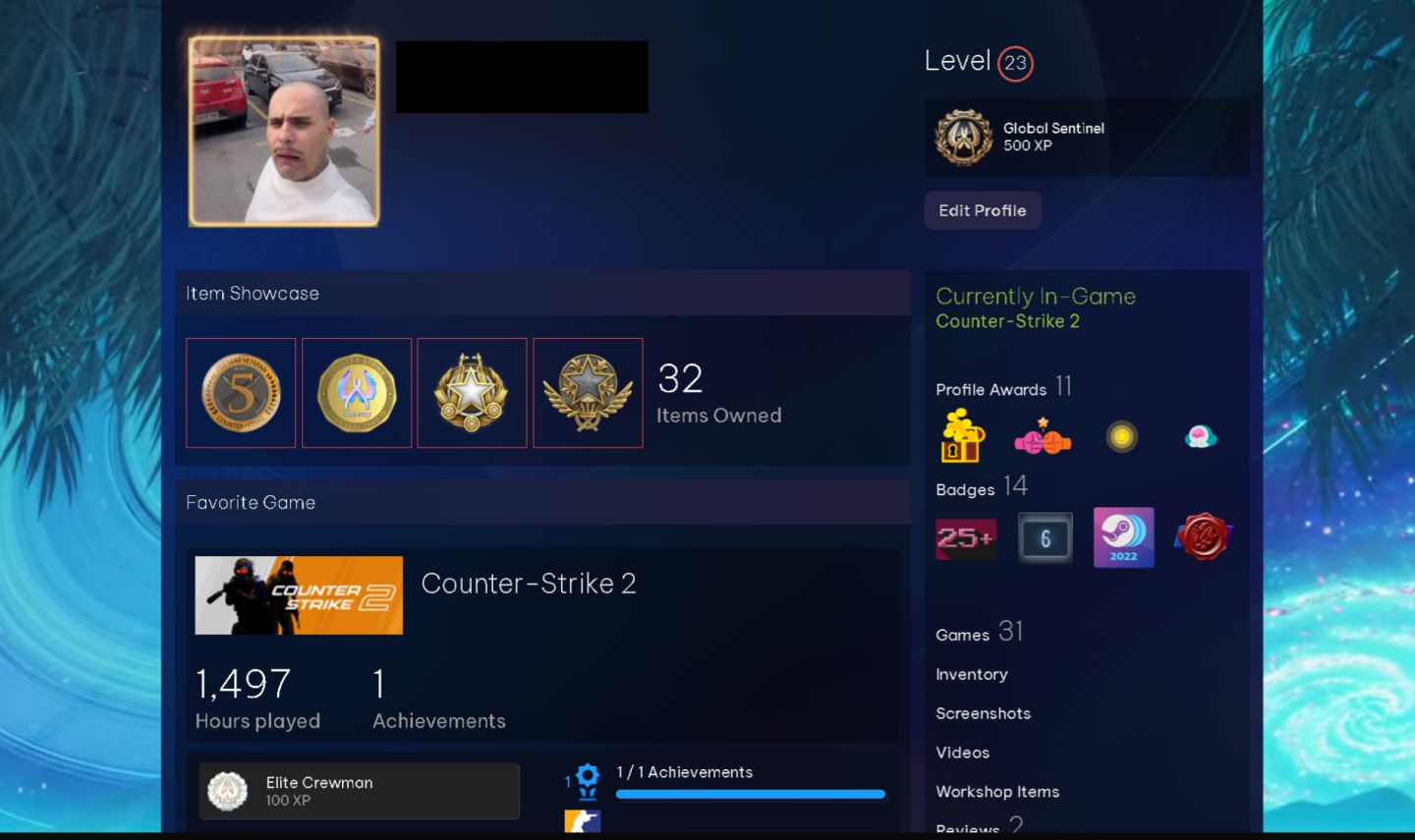 CONTA STEAM COM 1.497 HORAS DE CS2 + 31 JOGOS + 4 MEDALHAS + Green Trust