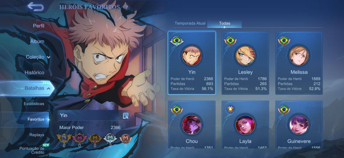 Conta MLBB | 326 Skins, Freya Lenda + Collabs (JJK, AOT, Naruto, HxH)