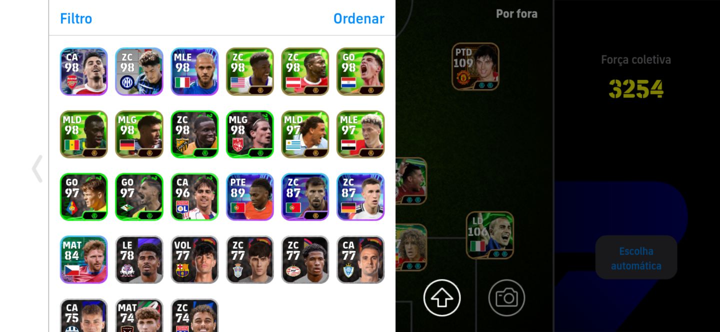 Conta top de efootball mobile com Hazard, Best e Kaká.