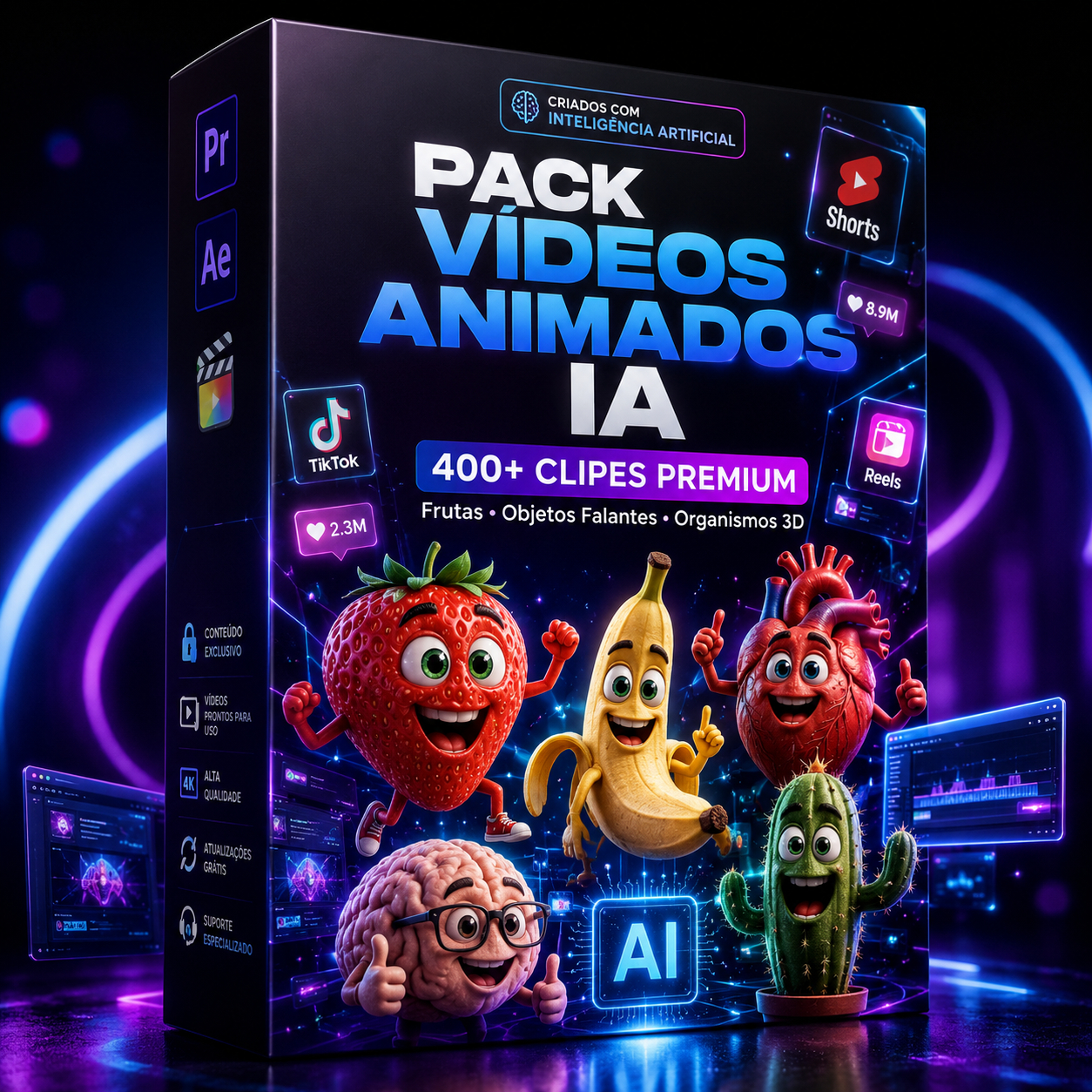 Pack 400+ Vídeos Animados IA Histórias de Frutas, Objetos e Órgãos 3D