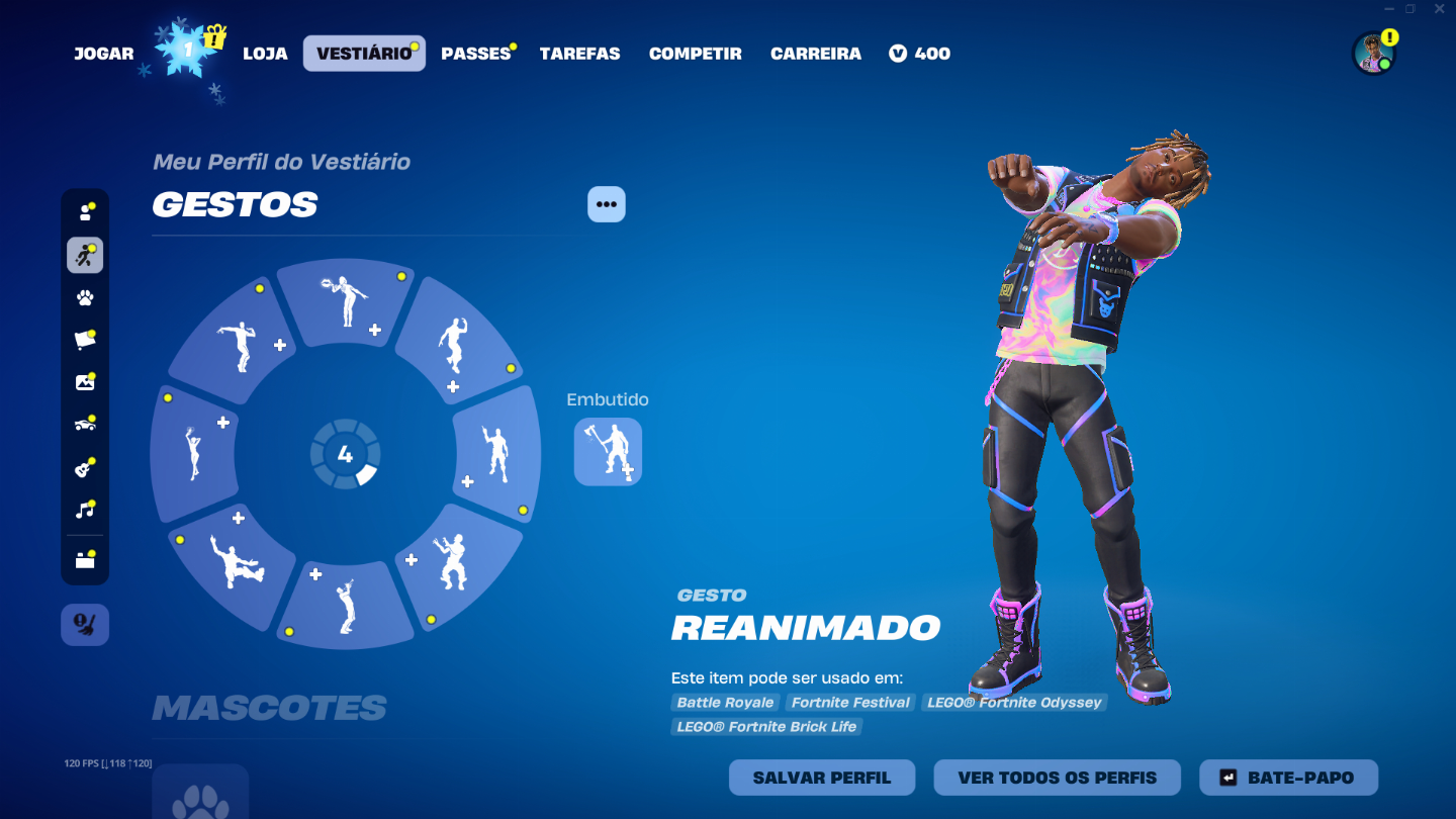 Conta de Fortnite com picareta do kratos entre outras skins e picaretas