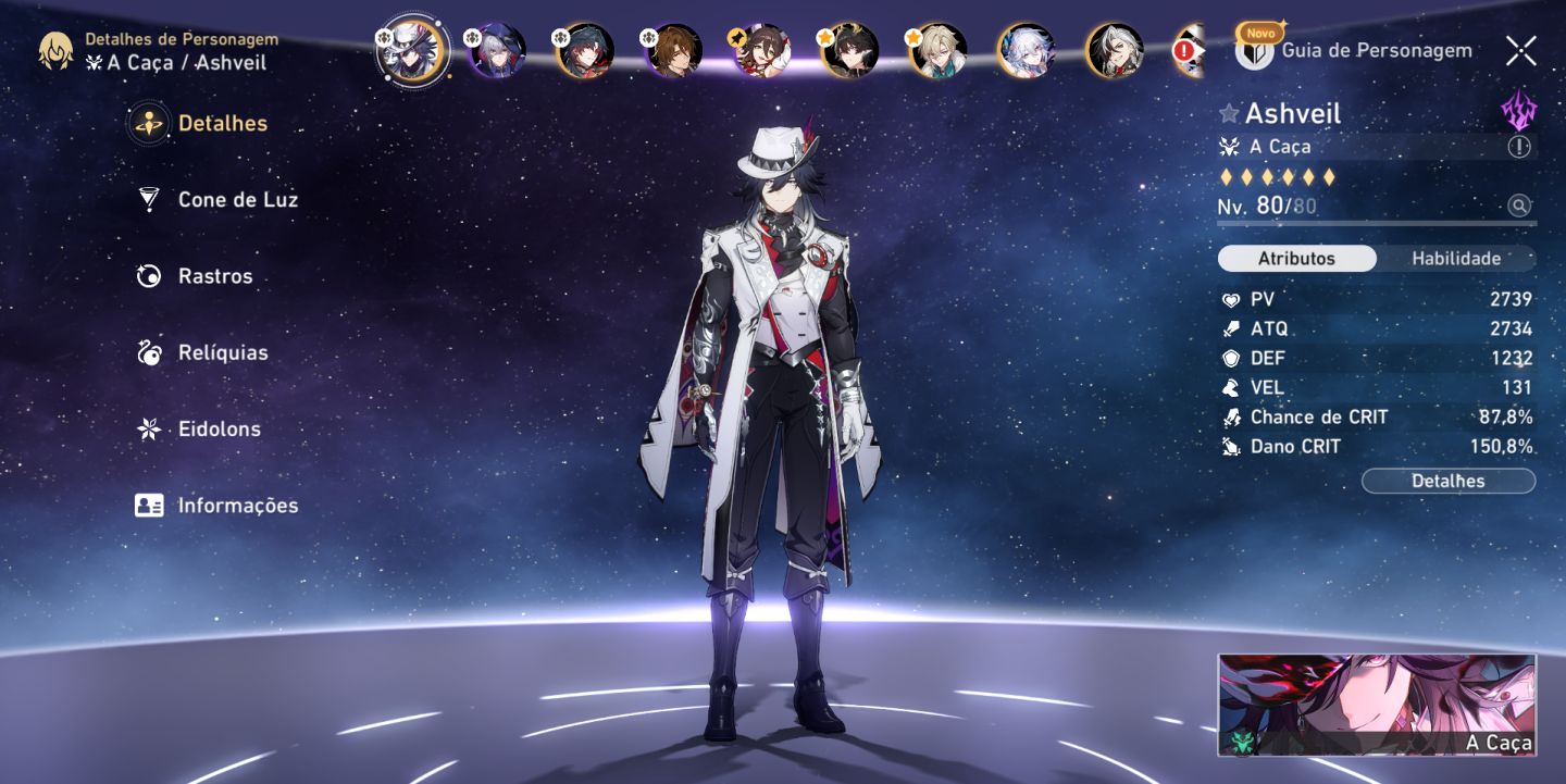Conta Honkai Star Rail end game com Ashveil E6 Mortenax E2 e SW999 E1
