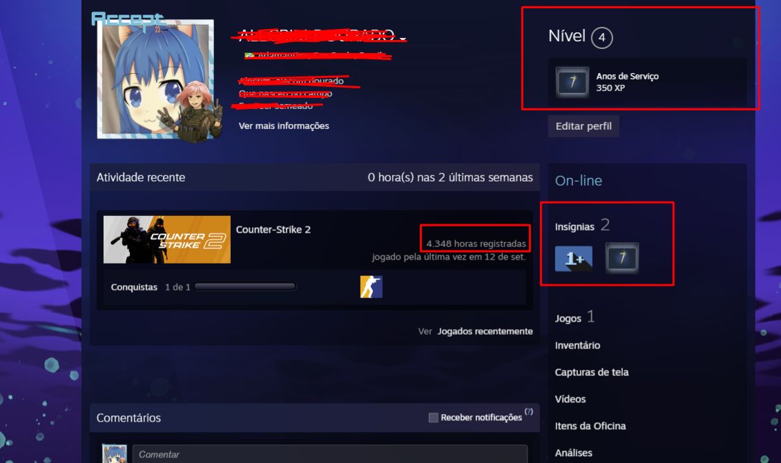 CONTA CS2 LEVEL 13 GC (PRIME + MEDALHAS + COMPROVANTE + 4500 HORAS)