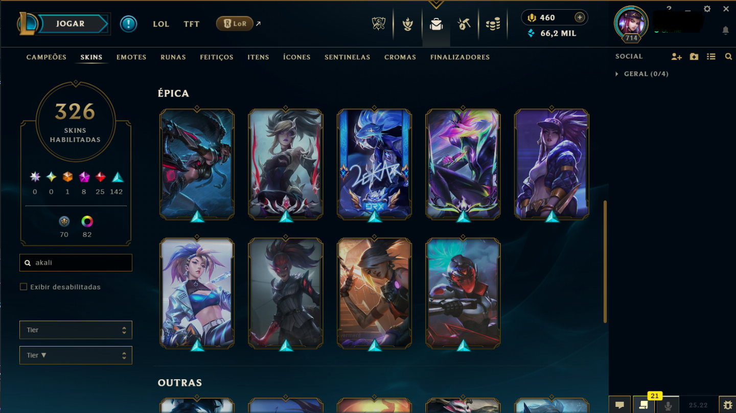 Conta LoL LvL 714, 326 skins, 428 ícones, todos os champions - League of Legends