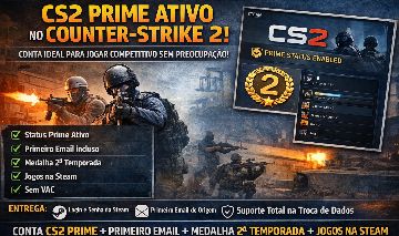 Conta CS2 PRIME Primeiro Email Medalha 2 Temporada Jogos na Steam