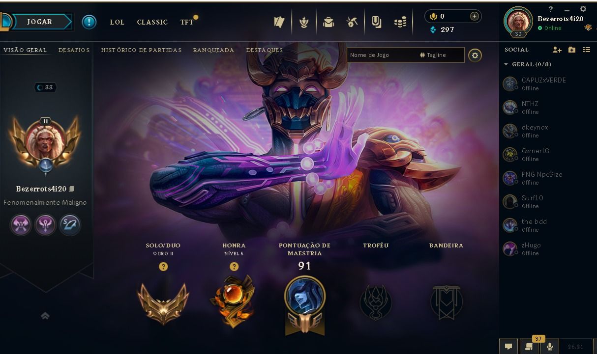 CONTA DE LOL - OURO 2 (SOLO/DUO) - LVL33 - HONRA 5 - IMPECÁVEL MMR ALTO