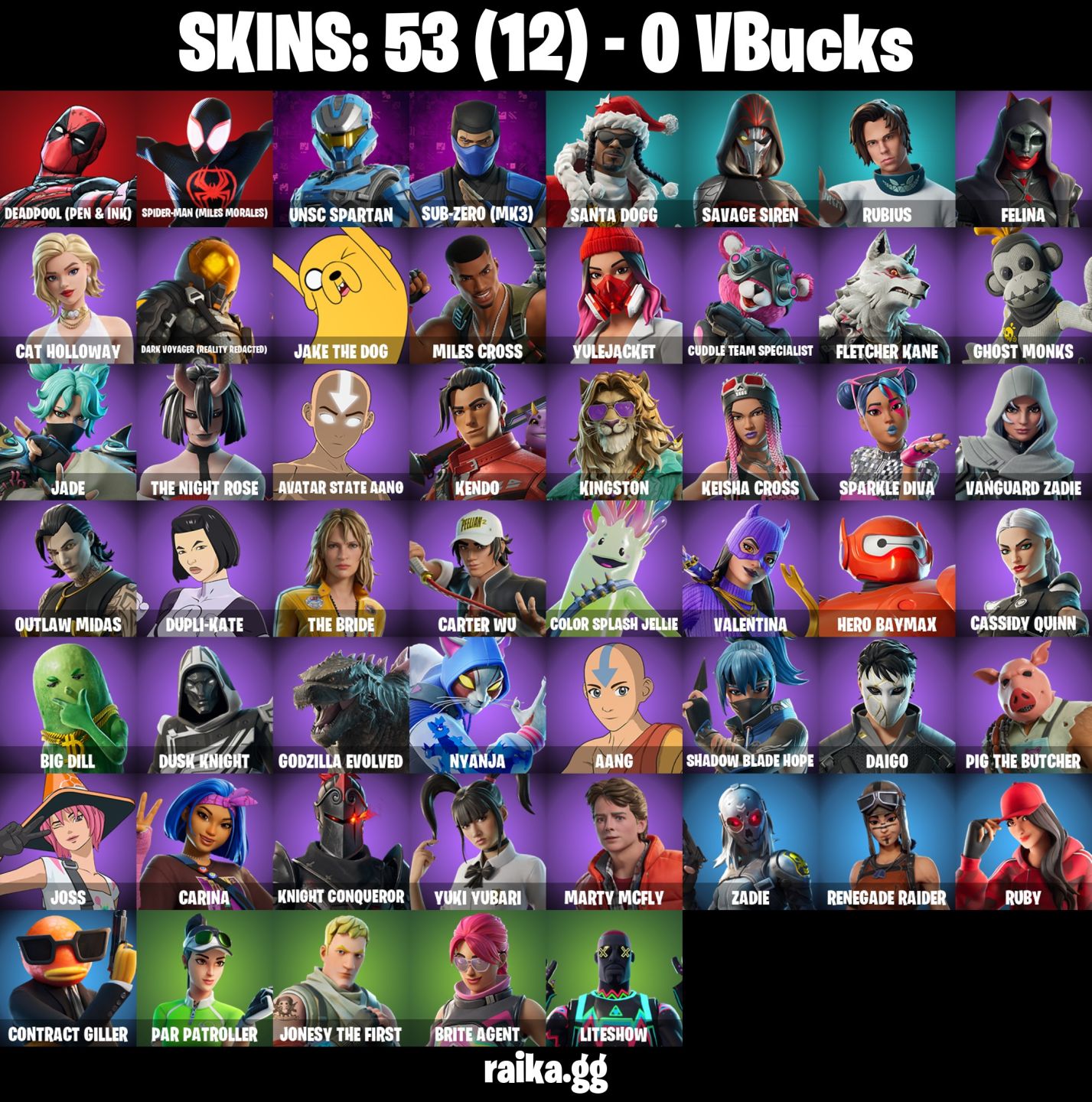 53 Skins - Spider Man Miles Morales, Sub Zero MK3, Santa Dogg, 0 vbucks