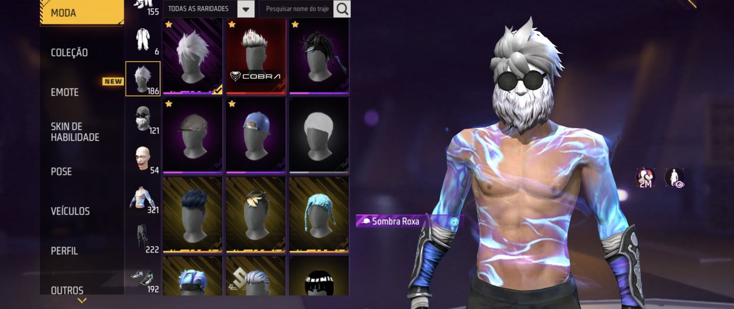 CONTA FREE FIRE COM BARBINHA, SOMBRA ROXA, PEITORAL MANDELA, UMP EVO, 2 ENTRADAS