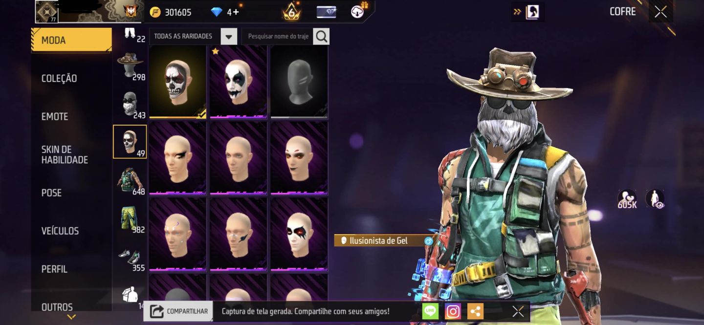 CONTA DE FF GEMADA STEAM PUNK+PRIME 6 + FREE FIRE+ PUNHOS + TOP CRIMINAL ROXO
