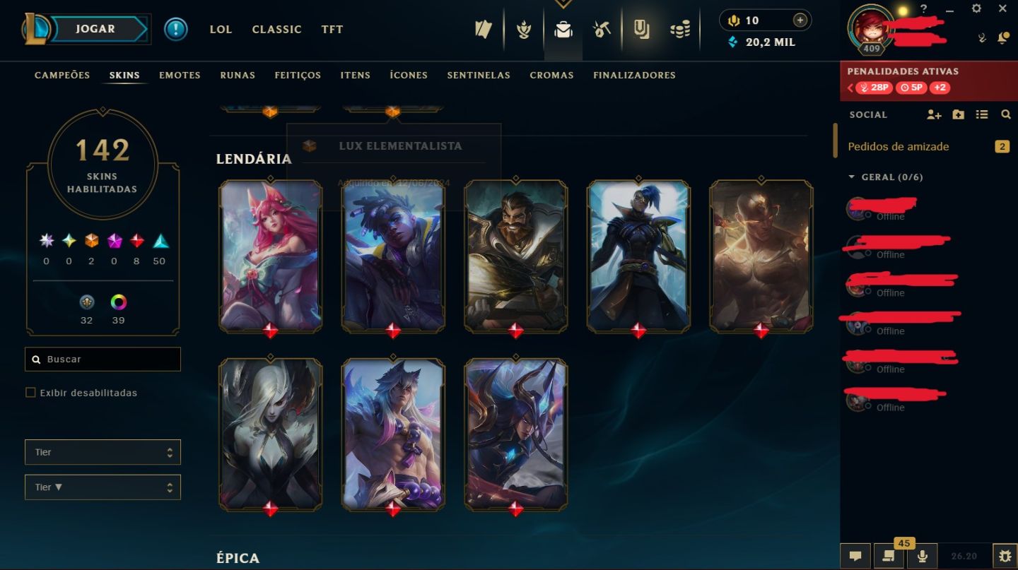 CONTA LOL LVL 409 | 142 SKINS | LUX ELEMENTALISTA + DJ SONA| OURO 3 | ÚNICO DONO
