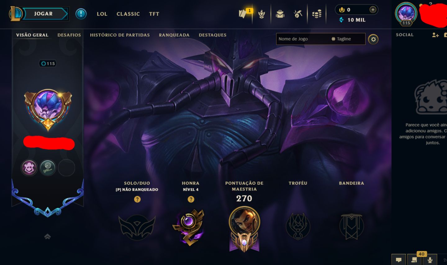 Conta Unranked, full acesso, 76 campeões, 20 skins, 4 lendárias, 3 vitoriosas