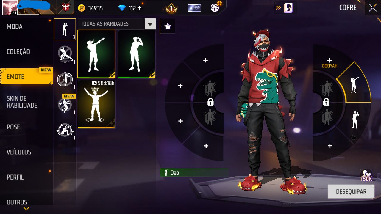 CONTA FREE FIRE MESTRE MODO RANK COM SKIN DINO DE FOGO E PUNHO CHIDORI