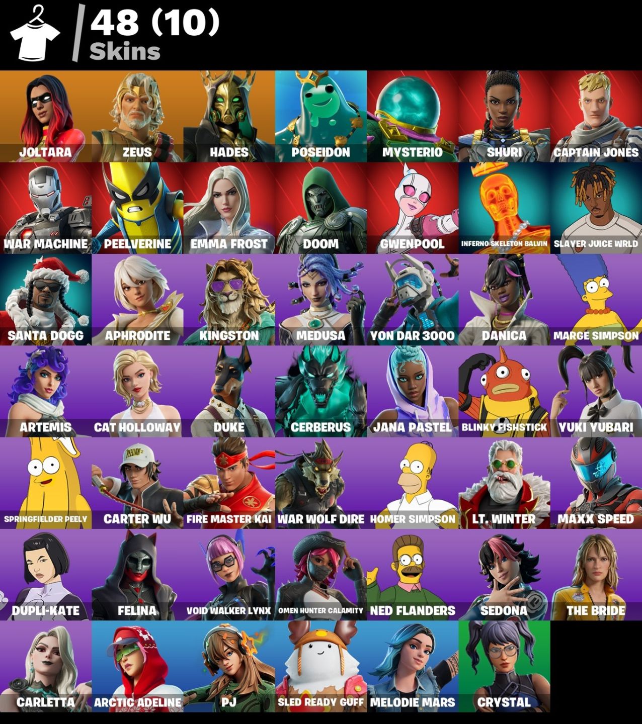 CONTA FORTNITE 48 SKINS / ARTEMIS / JOLTARA / INFERNO SKELETON / MARGE SIMPSOM