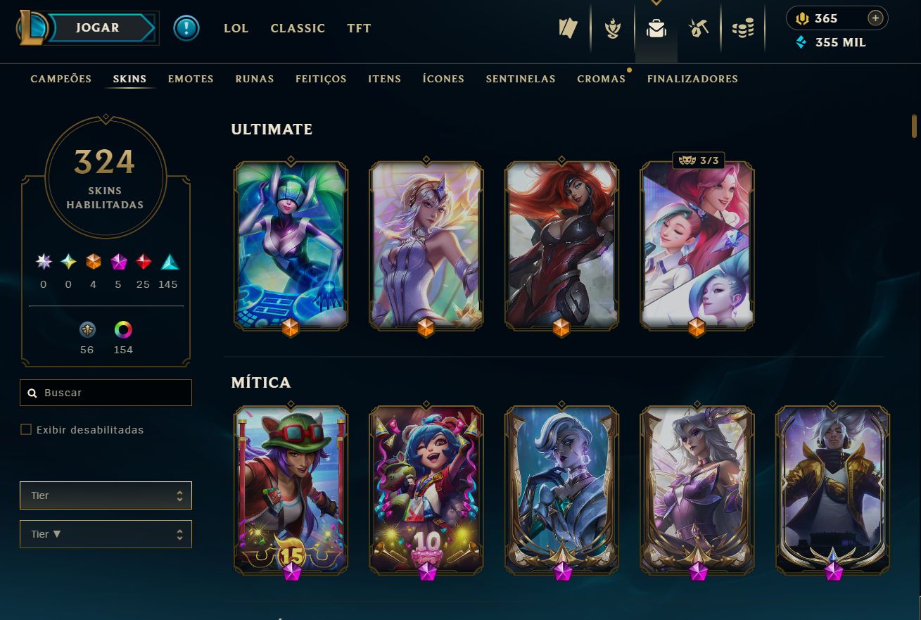 CONTA HIGH LEVEL 944 | PLATINA I | 324 SKINS (4 ULTIMATES + 25 MÍTICAS)