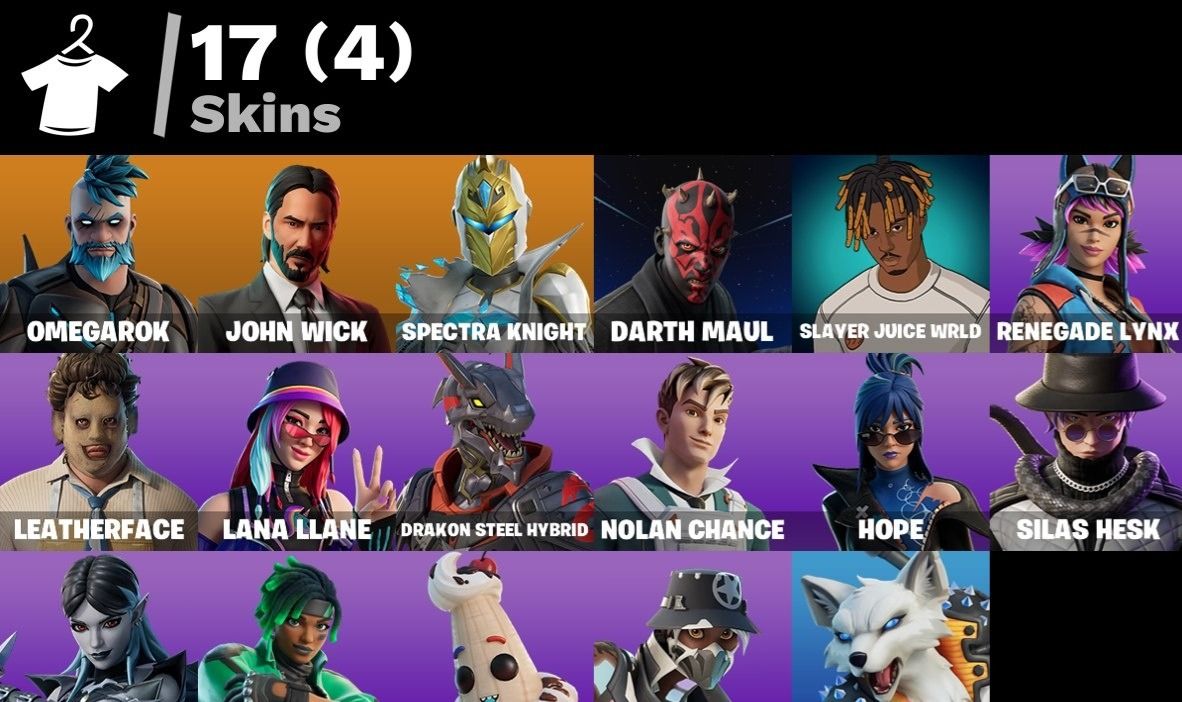 Conta Fortnite 17 SKINS JOHN WICK (ANTIGO/ OMEGAROK/DARTH MAUL/ LEATHERFACE