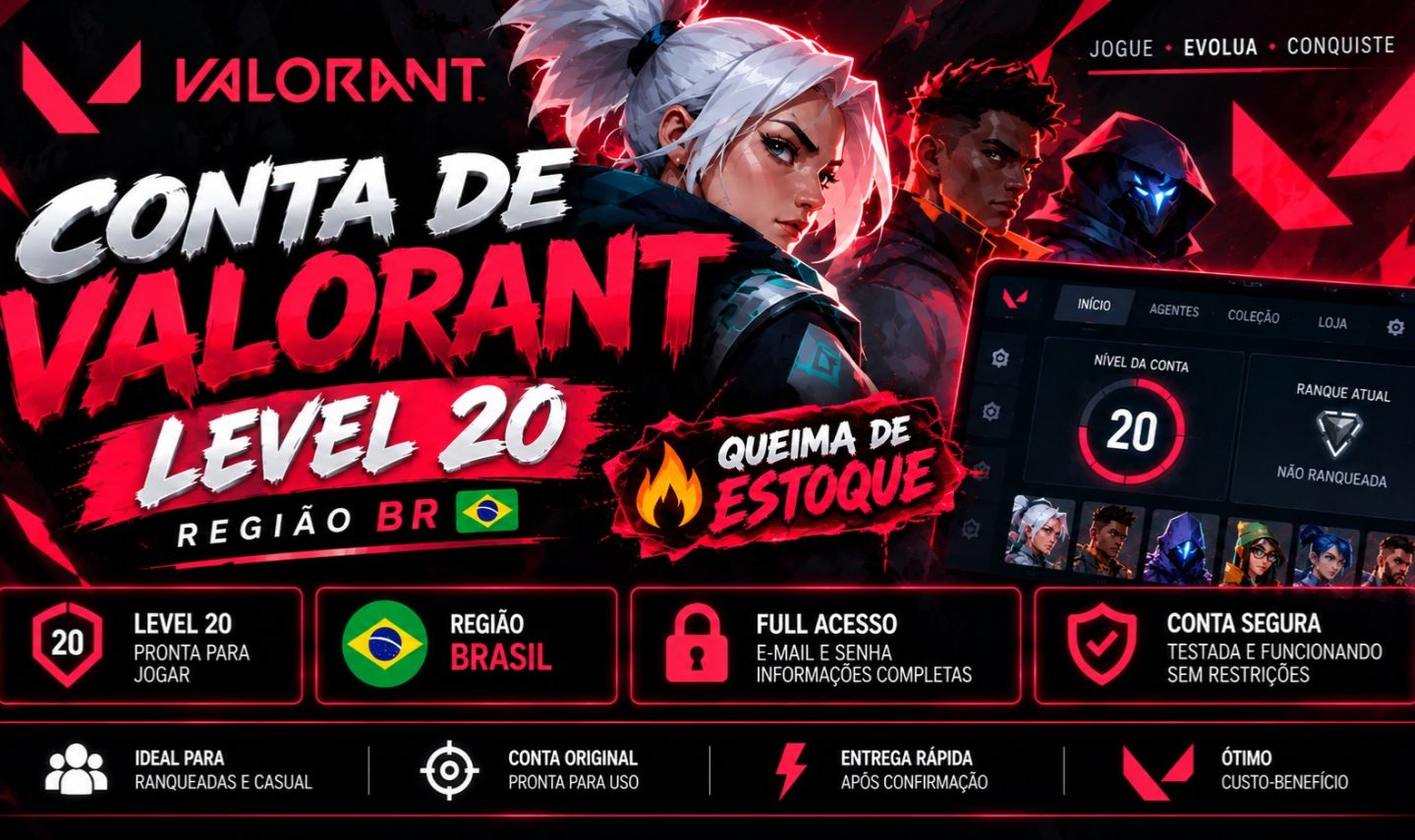 QUEIMA DE ESTOQUE! CONTA VALORANT LEVEL 20 BR | FULL ACESSO | PRONTA R$4,00