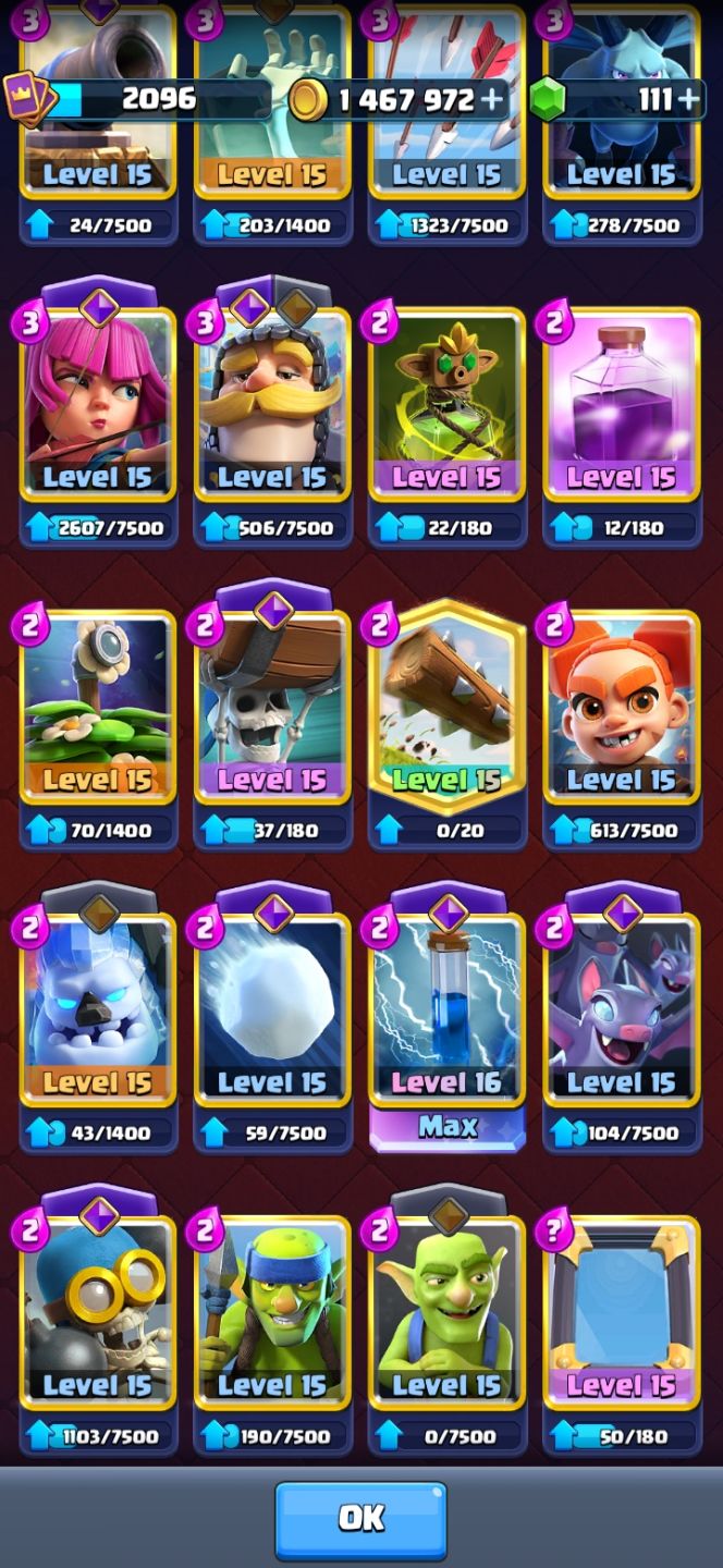 Conta Lvl 16 + todas cartas level 15 + 39 Evolucoes + 2 CRL BADGE+ Coleção 2096