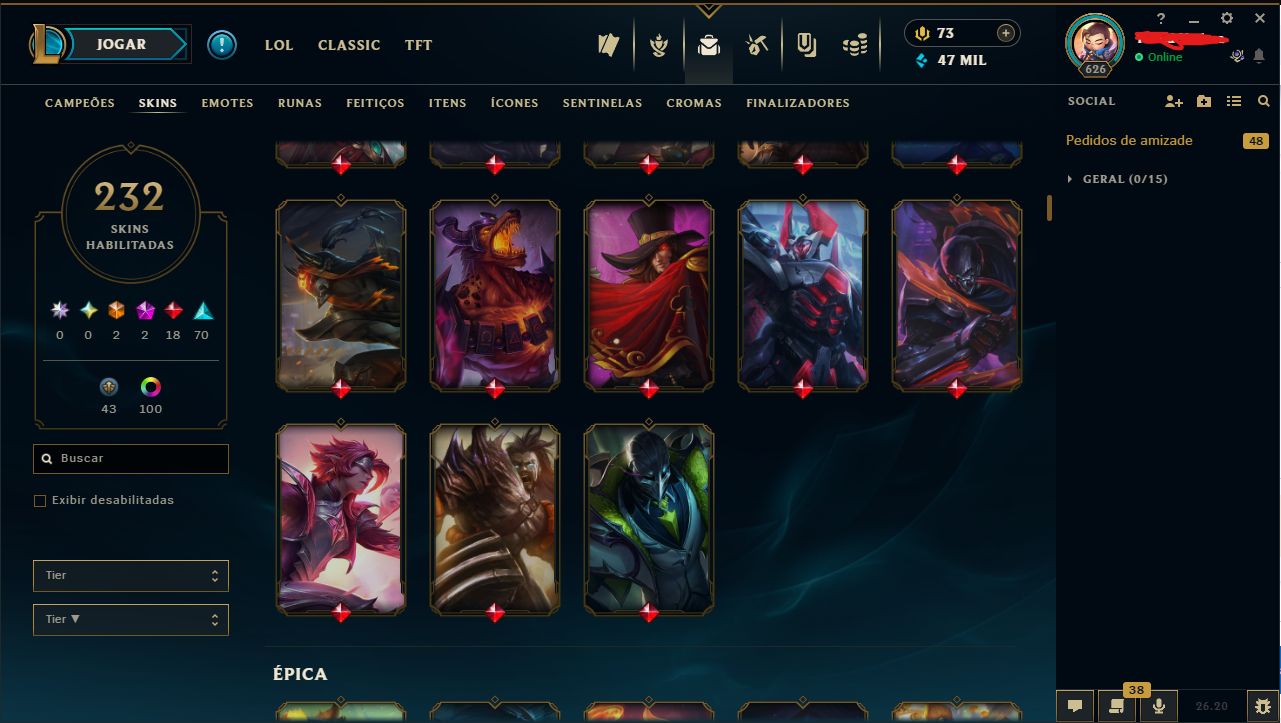 Conta esmeralda com 232 skins nivel 626 Esmeralda com todos os campeões