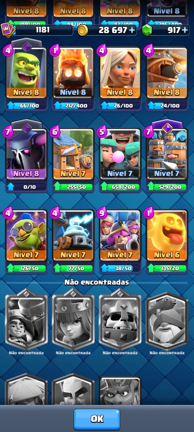 CONTA CLASH ROYALE | 9.476 TROFÉUS | 116/123 CARTAS | 917 GEMAS | 24 EMOTES