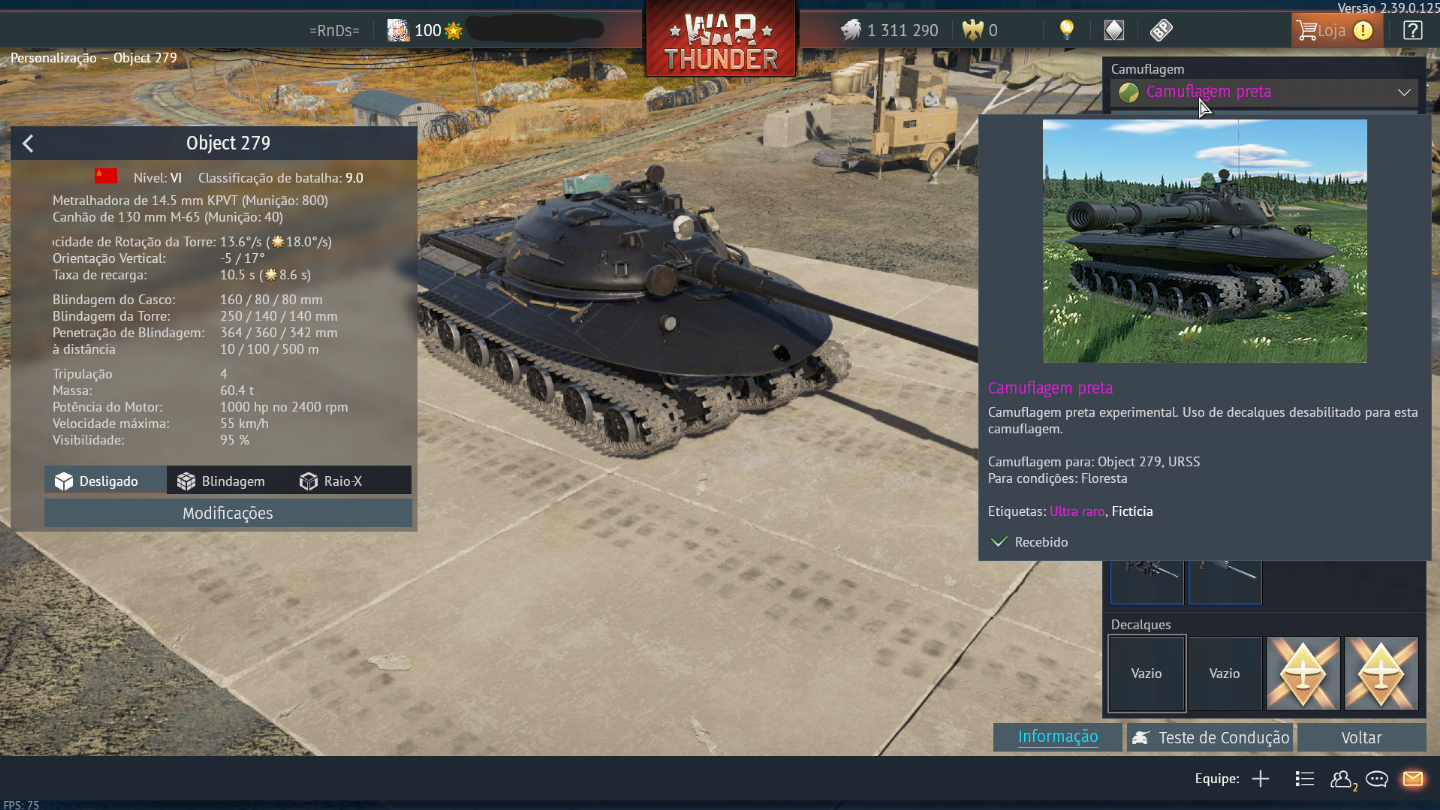 CONTA WAR THUNDER LVL 100 COM DIVERSOS VEICULOS RAROS INCLUINDO O OBJECT 279