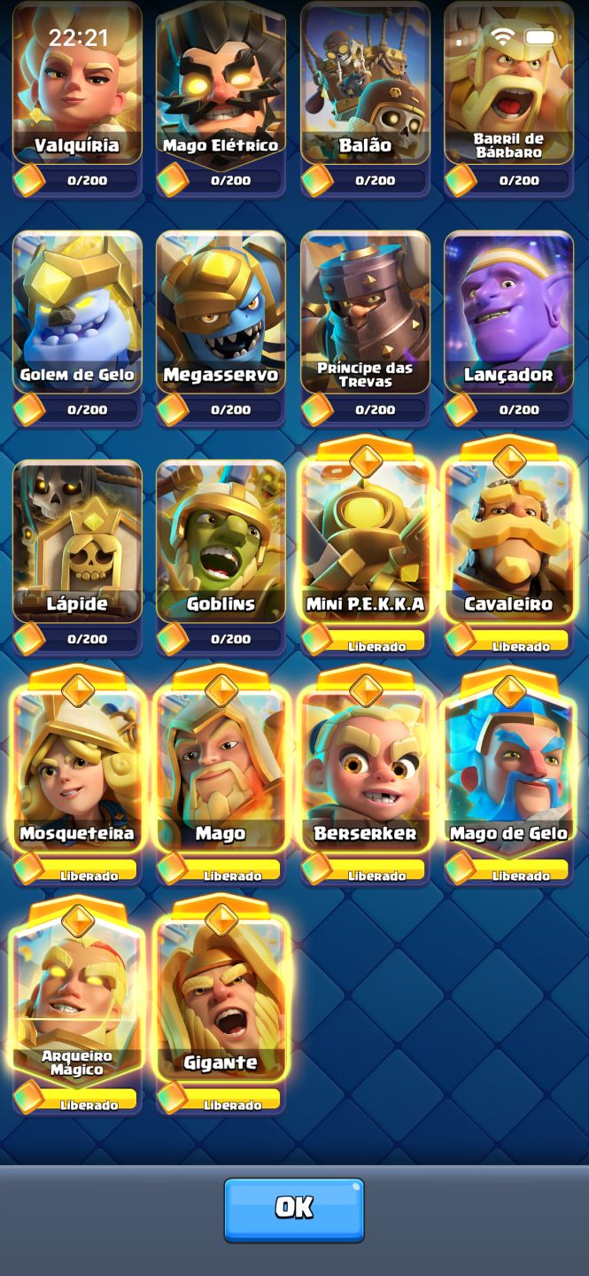 Conta Clash Royale passe da mini pekka completo 8 heróis, 19 evoluções