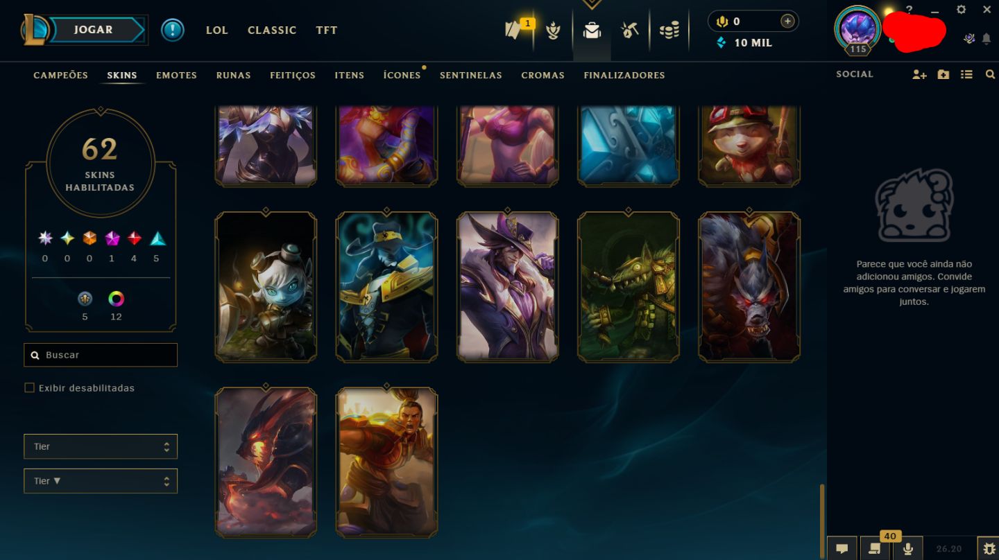Conta Unranked, full acesso, 76 campeões, 20 skins, 4 lendárias, 3 vitoriosas