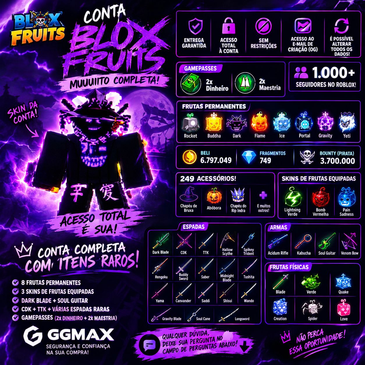 Conta de Roblox Blox Fruits Completa Frutas Permanentes !