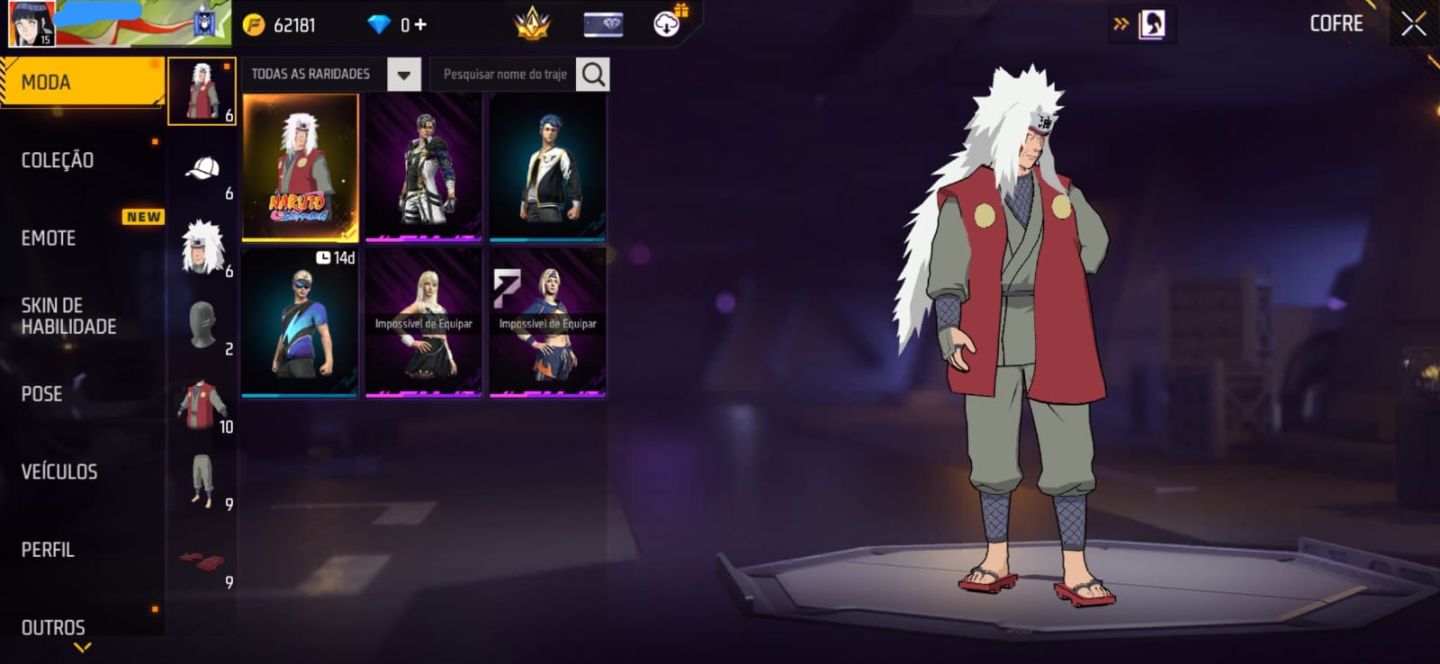 CONTA DE FREE FIRE COM CONJUNTO JIRAIYA | MP5 TRETA SOMBRIA | 2 PAREDE DE GEL