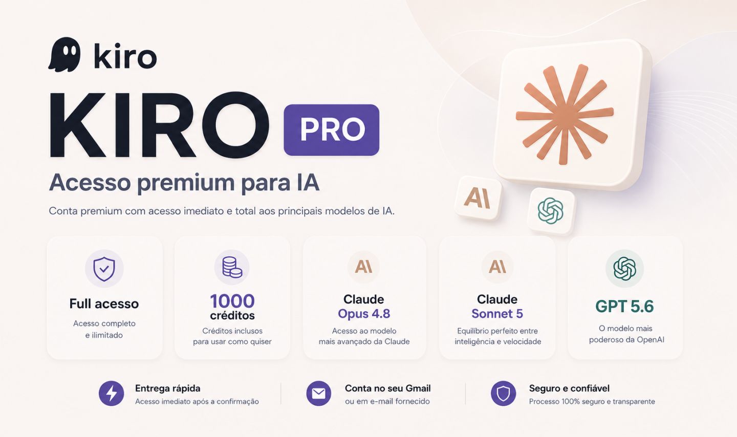 Kiro Pro | Full Acesso | 1000 Créditos | Claude Opus 5.5 + Sonnet 5 + GPT 5.6