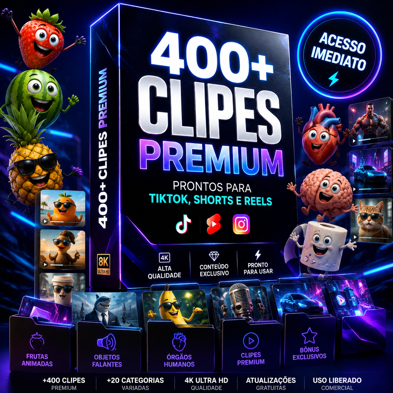 Pack 400+ Vídeos Animados IA Histórias de Frutas, Objetos e Órgãos 3D