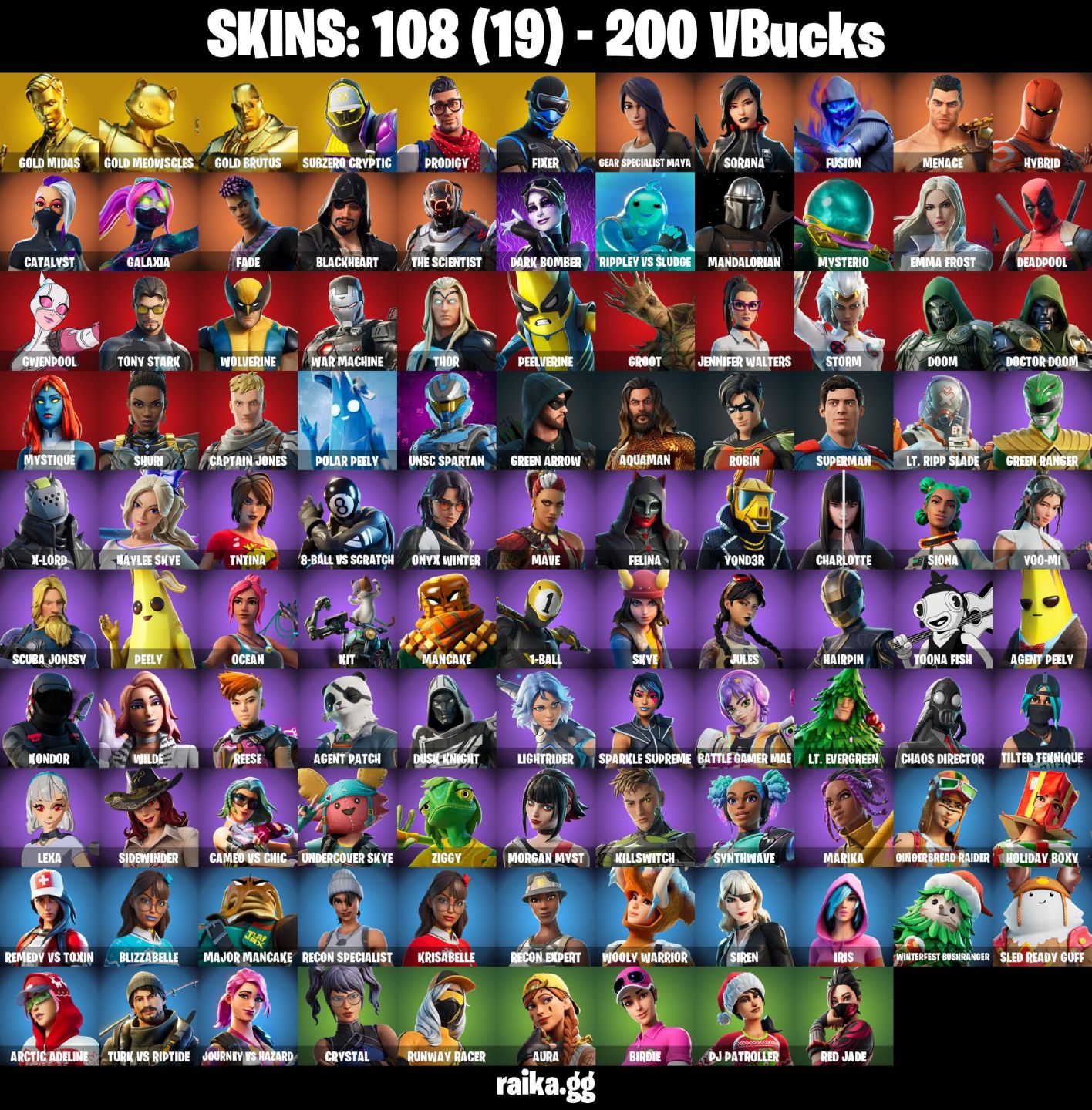 108 Skins - Gold Midas, Gold Brutus, Gold Meowscles, Prodigy, 200 vbucks
