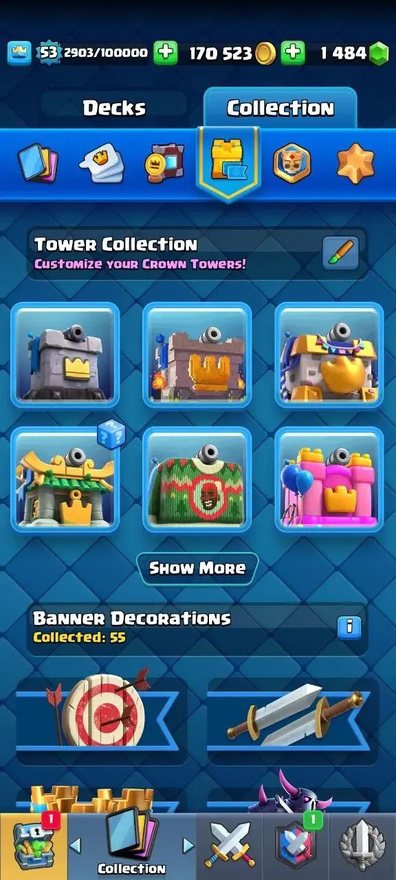 Conta Clash Royale nível 53, 9134 troféus, 48 cartas máx, 95 emotes, 1484 gemas