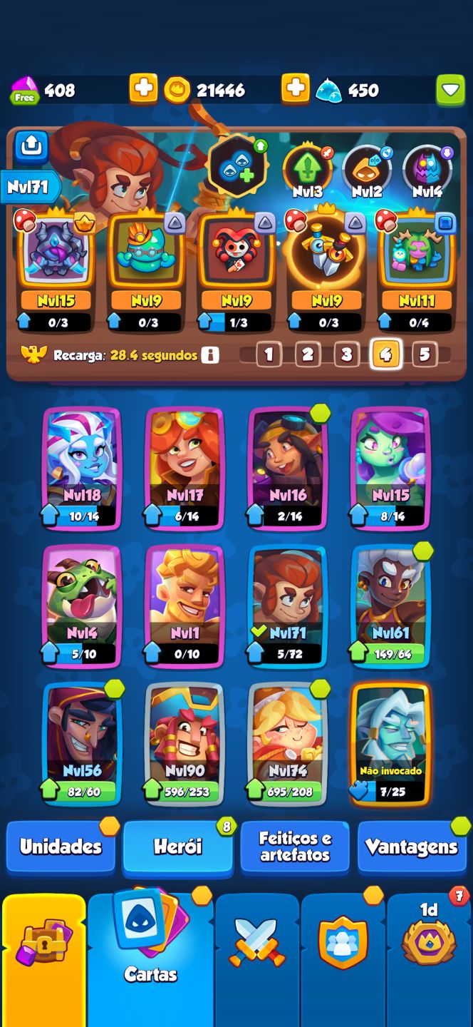 Conta Rush Royale High Tier | Caçador de Demônios Nvl 15 (Max) | 1131% crit