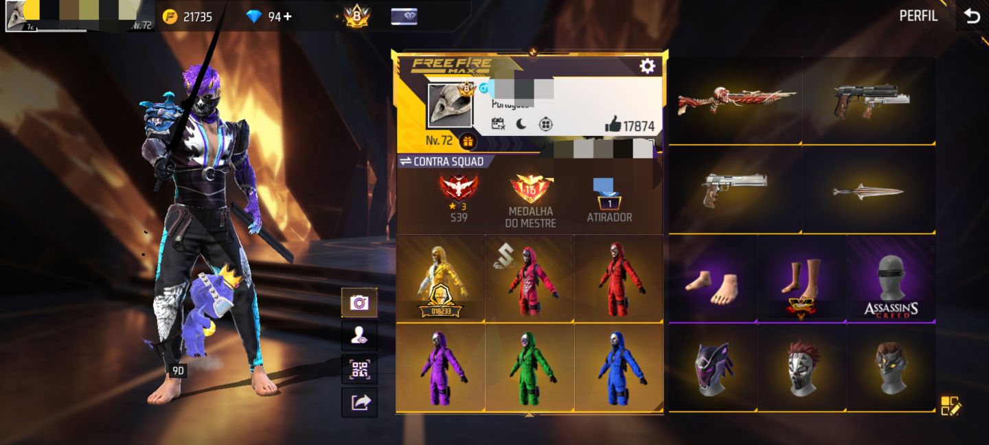 CONTA DE FREE FIRE, PRIME 8, 10 EVO, 2 PÉ DESCALÇO, +1K DE PEITAS, ITENS RAROS