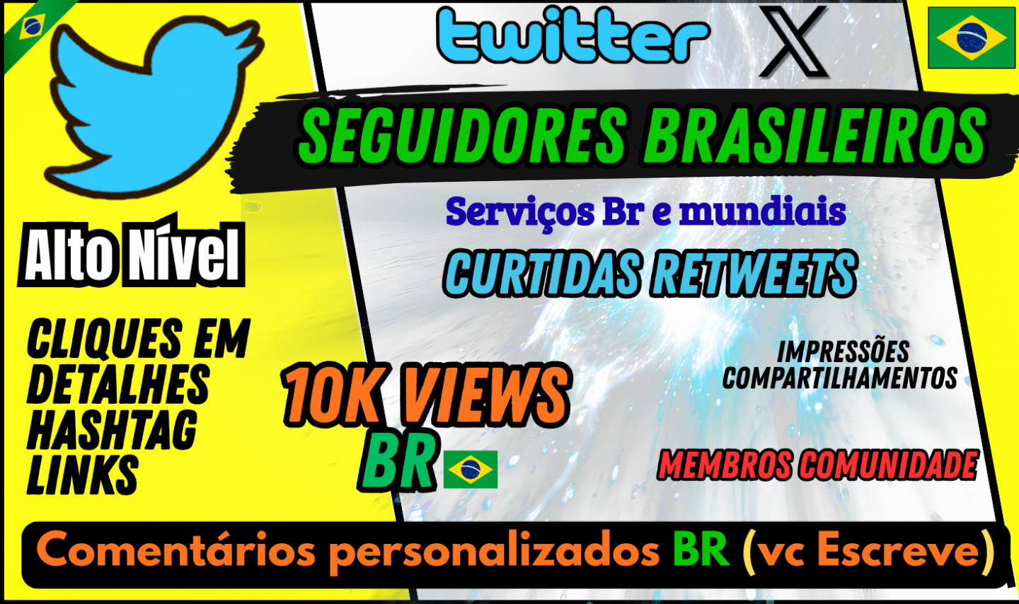 Twitter SEGUIDORES BRASILEIROS, views e comentários Personal Br, Cliques, impres