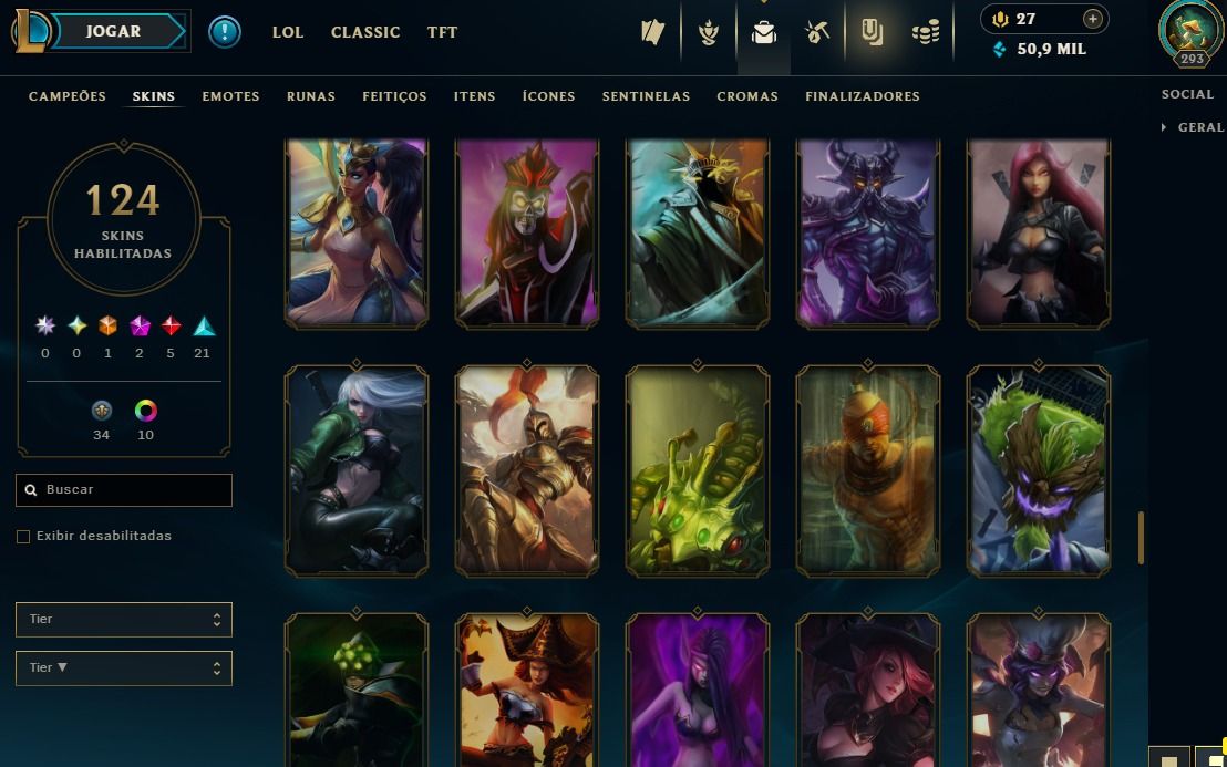 Full Acesso - 124 Skins - Todos Campeões - Level 293 - 50 Mil Essencia Azul