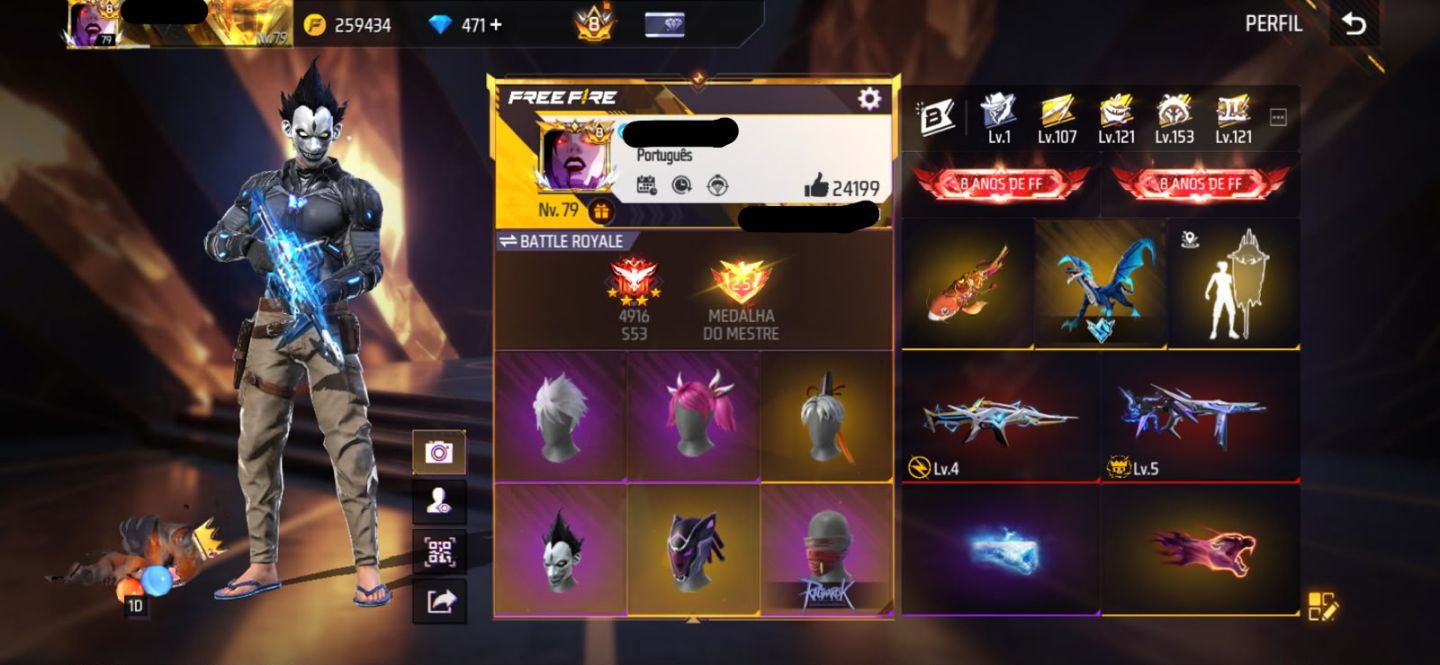 Conta free fire gemada com ragnarok, barbinha, punho, 800+ peitorais, prime 8