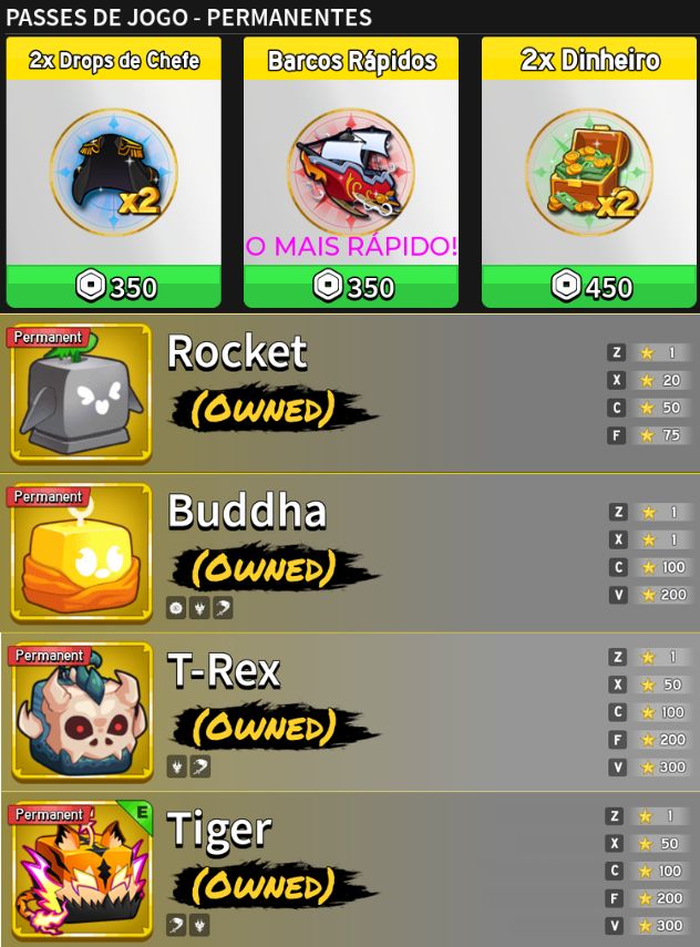 Conta de blox fruits com Tiger, T-rex, Buddha Permanente muitas Gamepass e v4