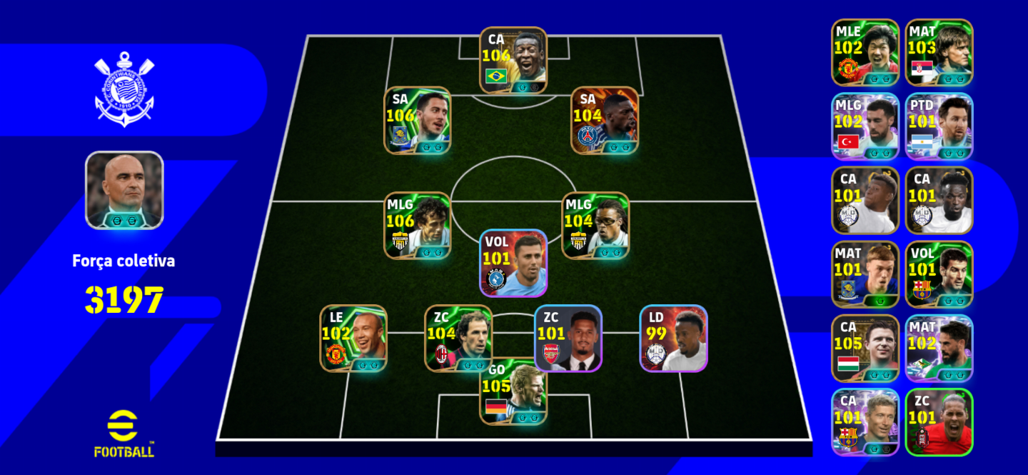 PELÉ 108, DEMBELÉ, HAZARD 106, PLATINI 106, PUSKÁS 106,CONTA DE EFOOTBALL MOBILE