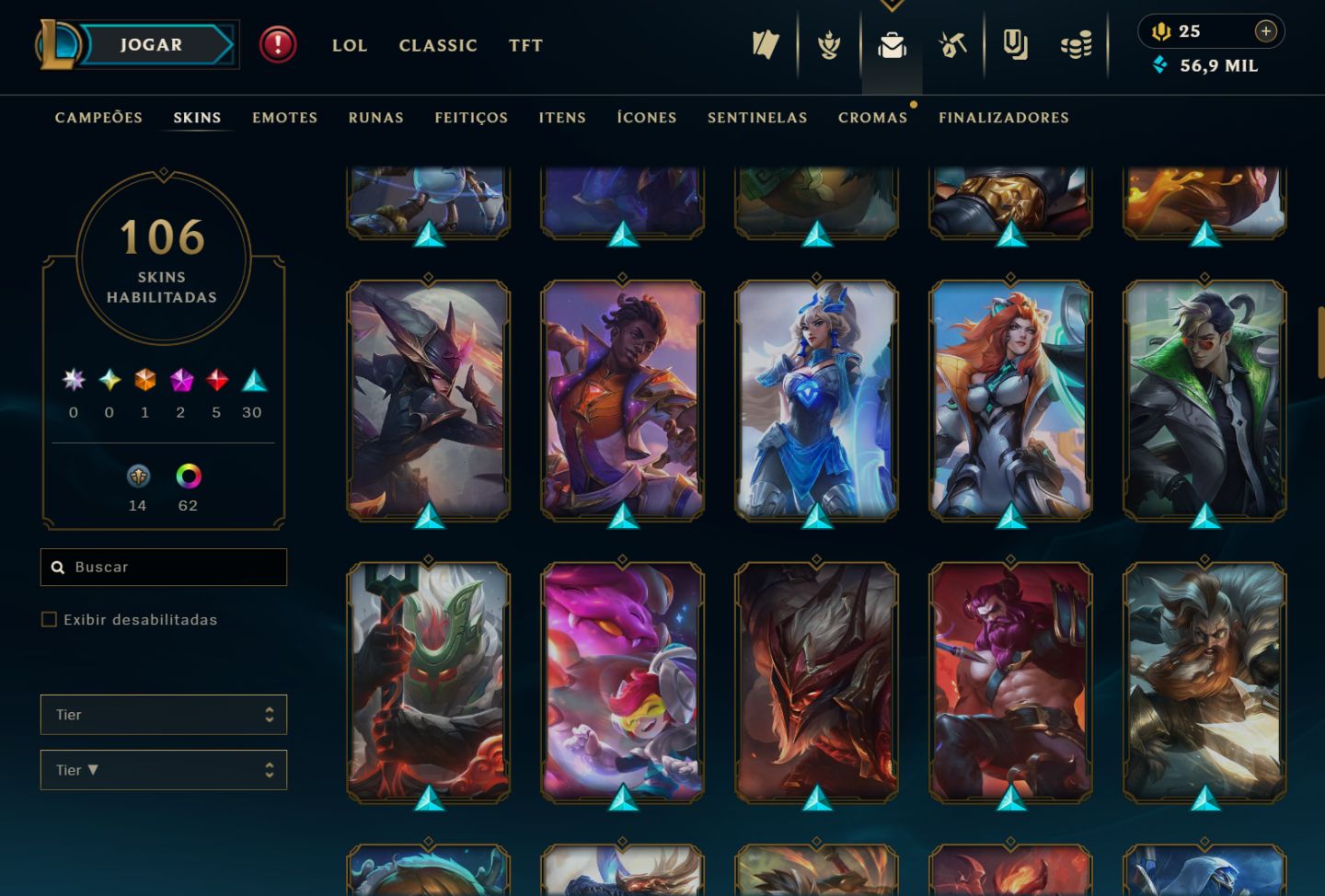 Conta LoL LVL298 Todos campeões 106 Skins 64 Cromas Plat 4