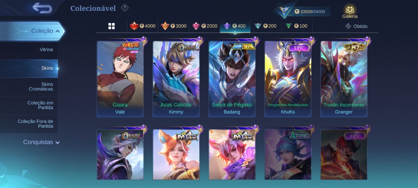 Conta mobile legends, skins de ventos e colab, quase 2k de diamante na conta