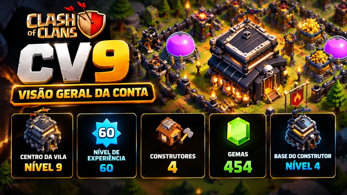 Clash of Clans CV9 | 4 Construtores | 454 Gemas | Full Acesso